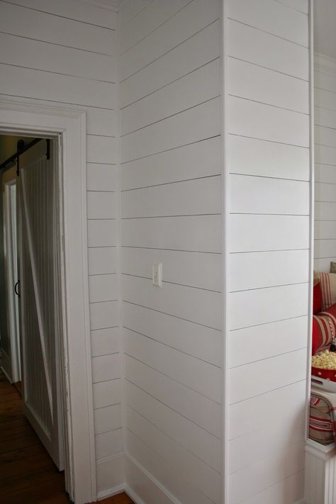 Shiplap Diy, Shiplap Entryway, Shiplap Trim, Painting Shiplap, Ikea Play Kitchen, Installing Shiplap, Shiplap Wall Diy, Ship Lap, Small Fireplace