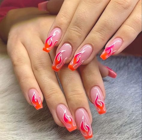 The 15 Best Summer Orange Nail Designs to Try 2023 – ND Nails Supply French Tip Nails With Fire Design, Pink And Orange Flame Nails, Orange Flames Nails, Short Square Flame Nails, Red And White Flame Nails, Orange Fire Nails, Red Flames Nails, Hot Pink Flame Nails, Orange Flame Nails