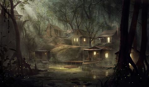 Swamp town by FZD school of design Swamp Town, Feng Zhu, Fantasy Town, Gothic Fantasy Art, Background Drawing, Scene Image, Alien Concept Art, Southern Gothic, Call Of Cthulhu