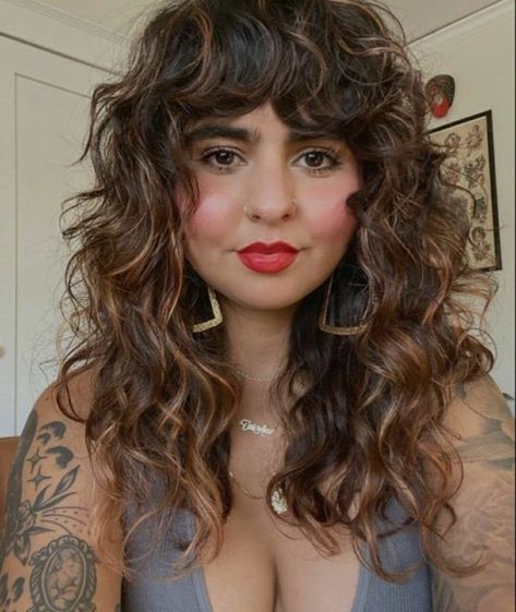 Shag With Curly Hair, Curly Shag Balayage, Shoulder Length Shag Haircut Curly, Curly Shag With Highlights, Long Shag Haircut Choppy Layers Curly, Shaggy Shoulder Length Curly Hair, Curly Shag Medium Length, Curly Medium Length Hair With Bangs, 2c Shag Haircut