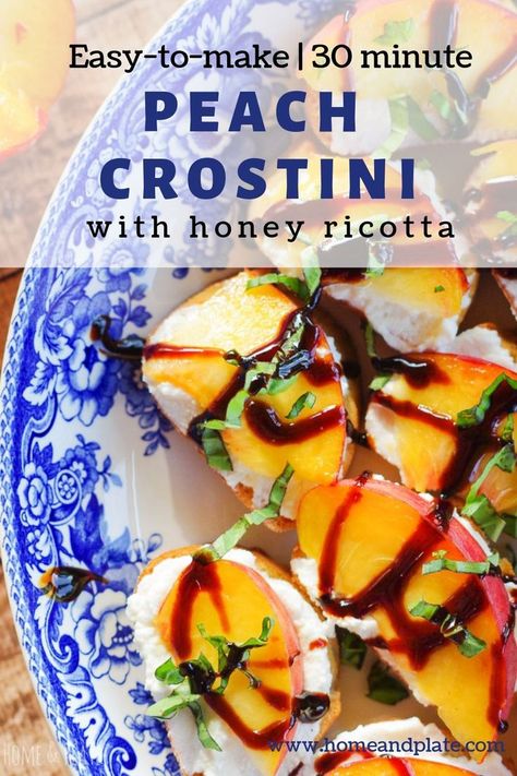 This easy peach crostini appetizer can be make in 30 minutes and takes delicious with a drizzle of balsamic glaze. #peachrecipes #peachappetizer #slicedpeaches #ricottacrostini #crostiniappetizer Ricotta Peach, Peach Crostini, Peach Appetizer, Honey Ricotta, Crostini Appetizer, Fruit Pie Recipe, Pancetta Recipes, Baguette Slices, Crispy Pancetta