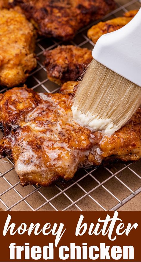 Honey Butter Chicken Sandwich, Butter Fried Chicken Recipe, Honey Buttered Fried Chicken, Sweet Fried Chicken, Honey Butter Fried Chicken Recipe, Honey Butter Chicken Recipe, Fried Dinner Recipes, Fried Honey Chicken, Lightly Fried Chicken