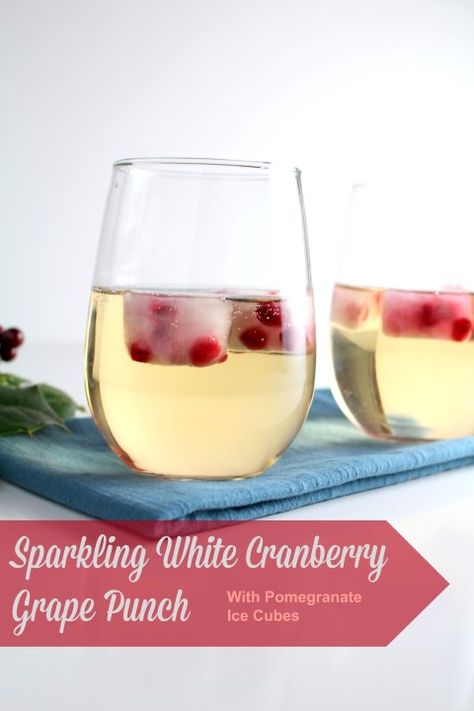 Sparkling White Cranberry Grape Punch is a fun, easy holiday drink featuring 7UP®, white cranberry and white grape juice with elegant pomegranate ice cubes. White Grape Juice And Ginger Ale Punch, Sparkling White Grape Juice Punch, Punch With White Grape Juice, White Grape Juice Cocktail, White Grape Juice Punch, White Cranberry Punch, Grape Punch, Holiday Drinks Alcohol Christmas, Easy Holiday Drinks