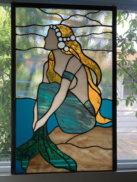 Mermaid Stained Glass Window, Mermaid Stained Glass Art, Mermaid Glass Art, Mermaid Stained Glass Pattern, Ocean Stained Glass Patterns, Stained Glass Mermaid, Stained Glass Beach, Stained Glass Ocean, Mermaid Craft