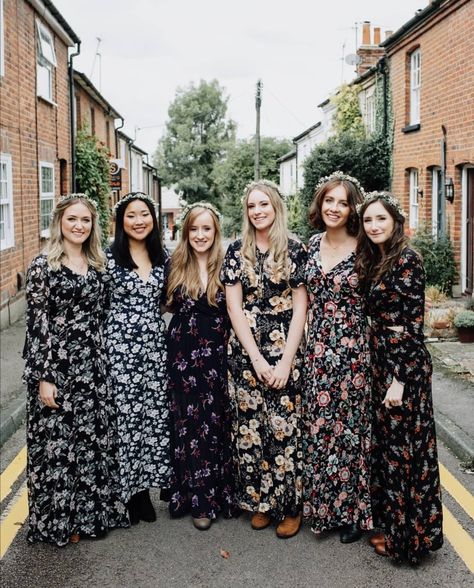 Dark Floral Bridesmaid Dresses, Black Floral Bridesmaid Dresses, Bridesmaid Outfits, Winter Bridesmaids, Winter Bridesmaid Dresses, Bridal Party Attire, Floral Bridesmaid Dresses, Bridesmaid Ideas, Enchanted Forest Wedding