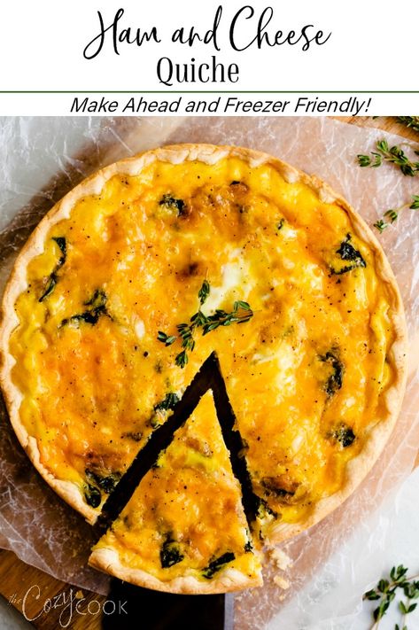 This simple Ham and Cheese Quiche can be made ahead of time and is totally freezer friendly! A hint of caramelized onions along with savory ham and two kinds of cheese makes this an unbeatable flavor combination! | The Cozy Cook | #quiche #ham #cheese #pie #breakfast #brunch #eggs #baking #holidays Quiche Ham, Tart Recipes Savory, Pie Breakfast, Crispy Breakfast Potatoes, Easy Yummy Breakfast, The Cozy Cook, Delicious Healthy Breakfast Recipes, Savory Ham, Ham And Cheese Quiche