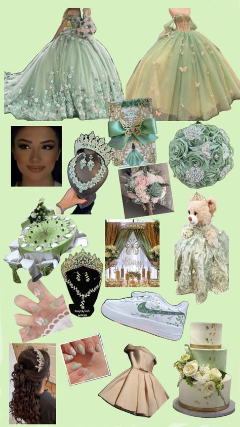 Things To Have At Your Quince, Tinker Bell Quinceanera Theme, Sage Quinceanera Dress, Quince Sage Green, Sage Green Quinceanera Theme, Light Green Quinceanera Dresses, Sage Green Quince, Quinceanera Themes Ideas, Tiana Quince