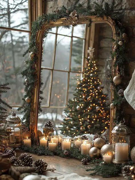 22 Stunning Mirror Decorating Ideas for Christmas Festivities Candles And Mirrors, Fireplace Mirror Decor, Greenery On Mirror, Mirror Behind Christmas Tree, Mirror Next To Fireplace, Greenery Around Mirror, Mirror On Fireplace Mantel, Organic Modern Christmas, Winter Fireplace Decor