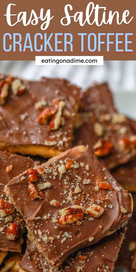 Saltine Cracker Toffee is quick and easy to make but tastes like it took all day to create. The saltine cracker melts into the caramel making it the best sweet and salty treat. Add your favorite toppings with melted chocolate for an amazing dessert. Simple ingredients makes this the best holiday treat. #eatingonadime #saltinecrackertoffeerecipe #toffee Cracker Toffee Recipe, Ritz Cracker Toffee, Graham Cracker Toffee, Saltine Cracker Toffee, Aka Christmas, Saltine Cracker, Saltine Toffee, Eating On A Dime, Cracker Candy