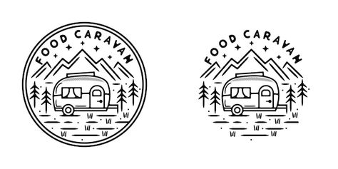 Food caravan monoline vintage outdoor ba... | Premium Vector #Freepik #vector #mountain-outline #hand-drawn-landscape #mountain-badge #outdoor-logo Caravan Logo, Food Caravan, Camper Logo, Vector Mountain, Camping Icons, Camp Logo, Machine Embroidery Tutorials, Adventure Logo, Retro Caravan