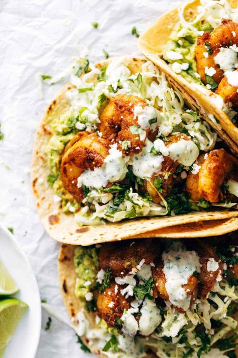 Shrimp Dinners, Mexico Recipes, Recipes Sandwiches, Lime Slaw, Spicy Shrimp Tacos, Cilantro Lime Slaw, Shrimp Taco Recipes, Pinch Of Yum, Shawarma Recipe