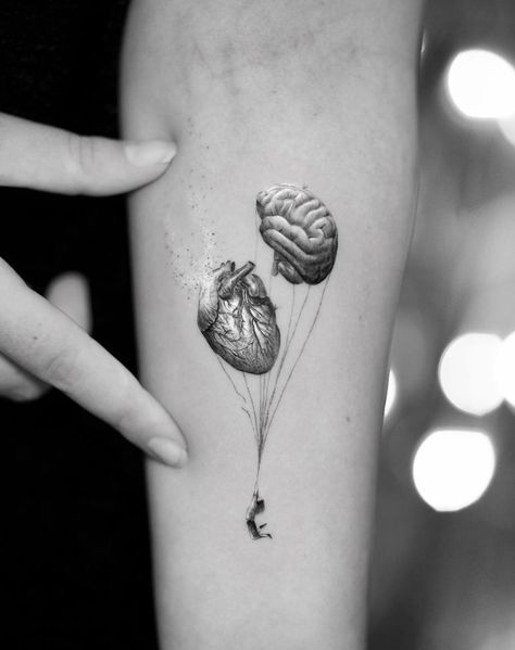 Anatomy Tattoo, Brain Tattoo, Heart And Brain, Surreal Tattoo, Heart Brain, Skeleton Hand Tattoo, Small Tattoos For Guys, Classy Tattoos, Up Tattoos