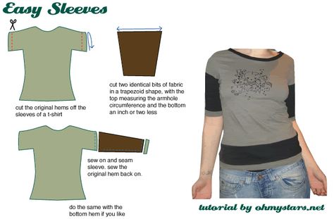 This could work to replace/lengthen sleeves T Shirt Reconstruction, Upcycle Sewing, Diy Vetement, Hip Clothes, T-shirt Refashion, Shirt Refashion, Old T Shirts, Recycle Clothes, Refashion Clothes