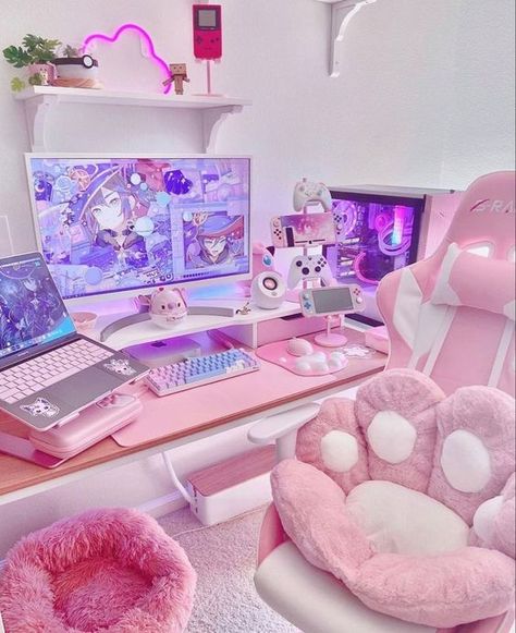 45 Awesome Aesthetic Gaming Setup Ideas | Displate Blog Caine Husky, Kawaii Room Ideas, Fesyen Islam, Kawaii Bedroom, Gamer Setup, Pink Games, Kawaii Games, Gamer Room Decor, Otaku Room