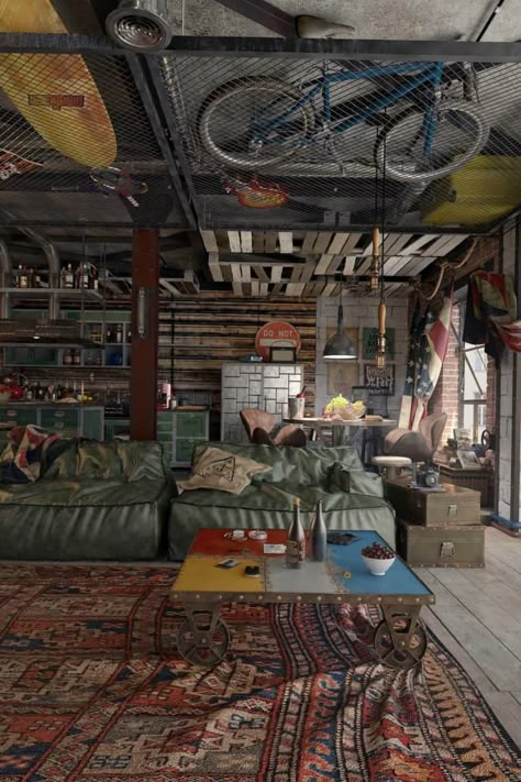 Bachelor's loft in Moscow features modern-vintage charm Urban Style Interior, New Yorker Loft, Men Apartment, Recreational Room, Loft Interior, Living Room Recliner, Attic Design, Vintage Industrial Decor, Industrial Living