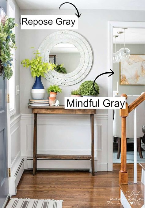 Sherwin Williams Mindful Gray - all about its undertones, how it compares to Repose Gray and Agreeable Gray and colors it works well with. Sherwin Williams Mindful Gray, Mindful Gray Sherwin Williams, Repose Gray Sherwin Williams, Sherwin Williams Gray, Mindful Gray, Repose Gray, Agreeable Gray, Favorite Paint Colors, Sherwin Williams Paint Colors