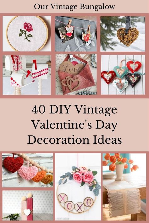 collage of diy valentine's day crafts. red rose embroidery, vintage valentine card garland, heart shaped bird seed, tiny red and white mailboxes, pink velvet envelope with hearts, vintage fabric heart garland, multi colored yarn heart garland, pink and green hoop wreath, peg people family, and vintage book page with lacey edges table runner Valentines Day Door Decorations, Door Decorations Ideas, Valentines Day Door, Valentine Craft Decorations, Homemade Valentines Gift, Vintage Valentine Crafts, Vintage Valentines Decorations, Valentine's Day Decorations, Diy Valentine's Day Decorations