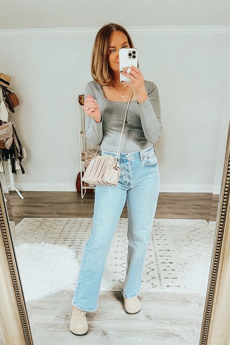 Mid Rise Straight Jeans Outfit, Straight Jeans Outfit, 90s Jeans, Square Neck Bodysuit, Outfit Inspo Fall, Fall Outfit, Jean Outfits, Straight Jeans, Mom Jeans