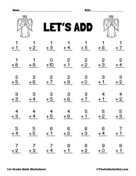 Let's Add - 1st Grade Math Angel Worksheet Catholic Themed Homework Sheets For 1st Grade, Math Equations For 1st Grade, Math Worksheet Class 1st, Maths For 1st Grade, 1st Grade Tracing Worksheets, 1st Grader Worksheet, Grade 1 Maths Activities, Easy Maths Worksheets, Work Sheets For 1st Grade Math