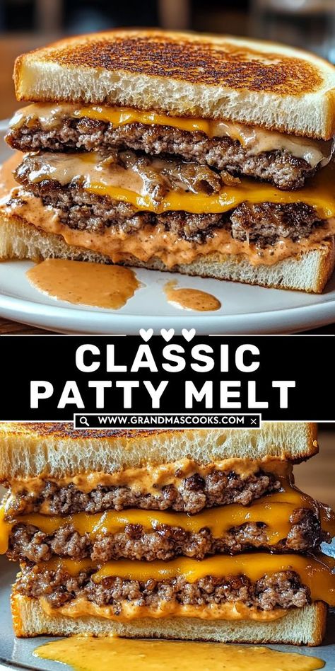 Get ready for a flavor explosion with this Classic Patty Melt! The melt-in-your-mouth beef patty, sharp cheese, and sweet caramelized onions make this grilled sandwich a must-try for any burger lover. Steak And Shake Patty Melt, Grilled Cheese Hamburger Patty Melts, Burger Sandwich Ideas, Blackstone Patty Melt, Dinner Ideas With Hamburger Patties, Good Hamburger Patties, Classic Patty Melt Recipe, Recipe With Hamburger Patties, How To Make A Patty Melt