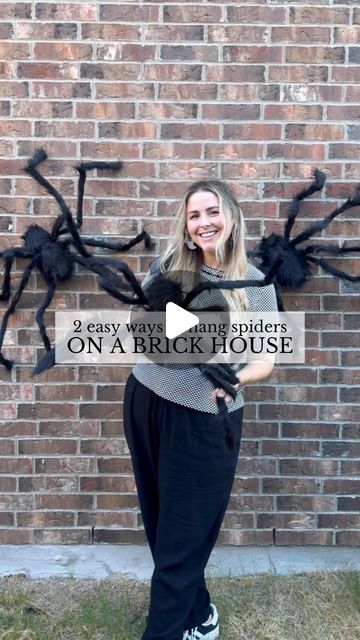 Sierra Miller | Content Creator on Instagram: "I asked for suggestions on how to hang spiders on a brick house and you guys came through! 🕷️Out of the two options I tried, I’d probably go with the Velcro since it seems a little more secure but both worked well! Comment LINKS to shop spiders and supplies 🔗
.
.
.
.
.
.
#halloweendecor #halloweendecorations #halloweenhouse #halloweenhousedecor #halloweenhome #halloweenhomedecor #giantspiders #hangingspider #halloweenoutdoordecor #halloween2024 #halloweenspiders" Spider House Halloween, How To Hang Spiders On House, Outdoor Spider Decorations, Spider Decorations Halloween Outdoor, Spiders On House Halloween, Spider House, Outside Halloween Decorations, Halloween Spider Decorations, Spider Decorations