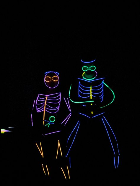 Glow in the dark Glow stick party Glow Stick Costume Ideas, Neon Trunk Or Treat, Glow Stick Skeleton Costume, Diy Glow Stick Costume, Glow Stick Costume Diy, Glow Stick Halloween Costume, Glow In The Dark Bachelorette Party, Glow Stick Outfit, Glow In The Dark Costume Ideas