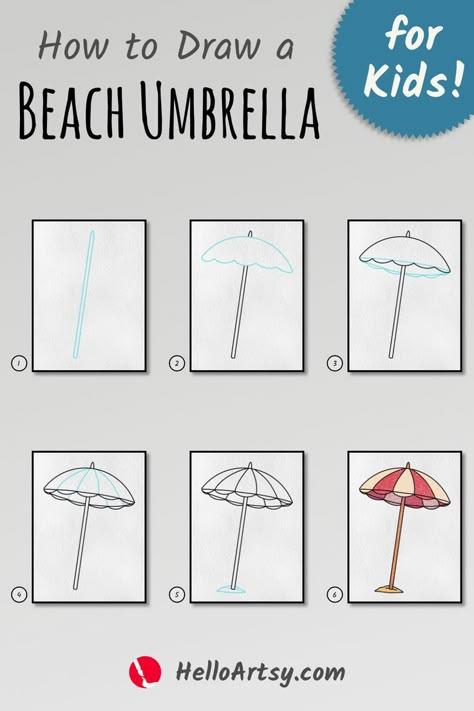 Step by step images demonstrating how to draw a Draw a Beach Umbrella - A Drawing Lesson for Beginners! Nautical Drawing, Beach Umbrella Art, Sailboat Drawing, Window Sketch, Beach Sketches, Umbrella Drawing, Umbrella Painting, Summer Drawings, Easy Draw