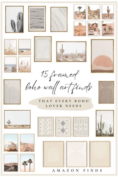 Boho wall decor from Amazon Modern Boho Gallery Wall, Boho Style Wall Art, Boho Wall Collage Ideas, Teen Room Wall Ideas, Boho Picture Wall, Boho Pictures For Wall Collage, Boho Cubicle, Neutral Bedroom Wall Decor, Amazon Boho Decor