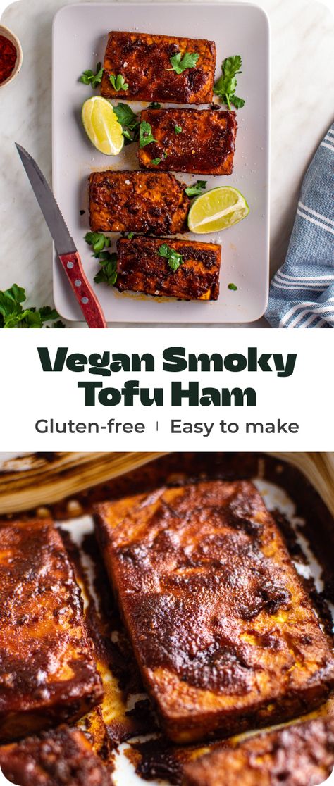 This Smoky Vegan Tofu Ham requires just 8 ingredients to prepare and tastes even better than the real thing! It's savory, slightly sweet, and has crispy edges and a tender inside. Tofu Ham Recipe, Vegan Thanksgiving Tofu Recipes, Cranberry Tofu, Tofu Pastrami, Tofu Tiramisu, Thanksgiving Tofu Dishes, Tofu Ham, Christmas Tofu, Glazed Tofu