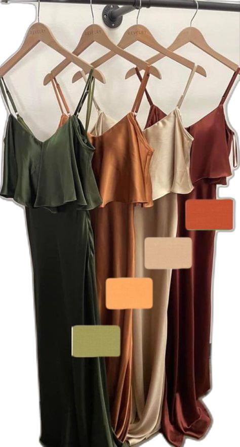 Green And Copper Dress, Jewel Tone Mixed Bridesmaids, Fall Silk Bridesmaid Dresses, Rustic Fall Wedding Colors Bridesmaid Dresses, Neutral Color Bridesmaid Dress, Autumn Bridesmaid Dresses Mismatched, Wedding Party Different Color Dresses, Autumn Bridesmaids Dresses, Boho Style Bridesmaid Dresses