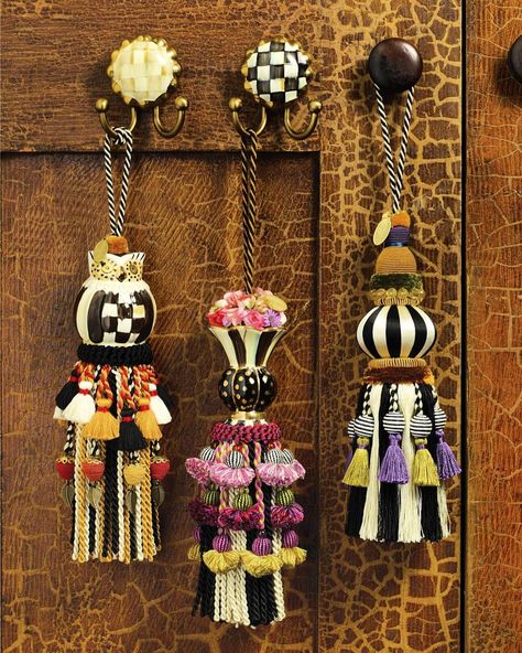 Pull it all together with tassels! Imagine the possibilities: Use them as napkin rings.  Hang from a doorknob to make any room more welcoming. Adorn the back of your favorite chairs. Make a luxurious lamp pull. Tie back your curtain panels with extra panache. No matter how you use them, one thing’s for sure: these whimsical accents will make you smile. #MacKenzieChilds #MacKenzieChildsEveryday #Whimsical #Tassels #Tiebacks #Curtains http://ow.ly/vmmk3076b3R Tassels Tutorials, Mackenzie Childs Inspired, Mckenzie And Childs, Tassel Crafts, Courtly Check, Paper Vase, Diy Tassel, Tassel Garland, Modern Vase