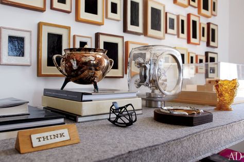 On a console table, a Christopher Dresser tureen is displayed next to a Marc Newson clock. ©Joshua McHugh Modern Masculine Office, Ad Apartment, Decorate Office, Masculine Office, Books Stacked, Modern Desk Accessories, Christopher Dresser, Clock Collection, Marc Newson