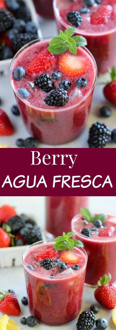 Mixed Berry Agua Fresca - Strawberries, blueberries, blackberries, honey and lemon flavor this easy spring and summer beverage. #aguafresca #nonalcoholic Aqua Fresca Recipes, Aqua Fresca, Agua Fresca Recipe, Coctails Recipes, Raspberry Recipes, Strawberries Blueberries, Infused Water Recipes, Delicious Drink Recipes, Berry Juice