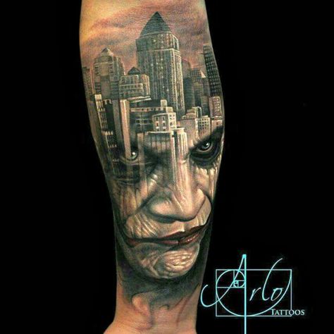 I am in awe of how beautiful this joker Gotham tattoo is!! Arlo Tattoo, Arlo Dicristina, Joker Card Tattoo, Joker Tattoos, Joker Tattoo Design, J Tattoo, Batman Tattoo, Kunst Tattoos, Tattoo Trend