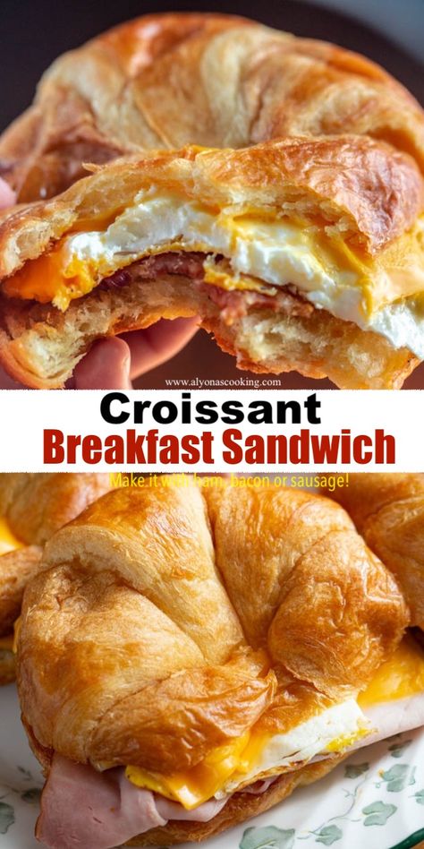 A Croissant Breakfast Sandwich like your favorite drive-thru! Toasted croissants are topped with ham or bacon, eggs, and cheese! Simple but one tasty breakfast sandwich! Make Ahead Bacon Egg And Cheese Sandwich, Croissant Breakfast Sandwich Bacon, Ham Egg And Cheese Croissant Breakfast, Make Ahead Breakfast Sandwiches Croissant, Crasaunts Sandwich, Toasted Ham And Cheese Croissant, Croissant Breakfast Sandwich Make Ahead, Ham Egg And Cheese Breakfast Sandwiches, Egg Crossiant Sandwich