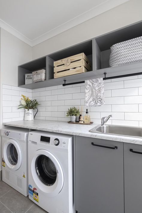 Laundry - Miracle 21 - Brighton Homes Hamptons Laundry Room, Subway Tile Laundry Room, Brighton Homes, White Subway Tile Kitchen, Laundry Room Tile, Laundry Makeover, Laundry Room Ideas Small Space, White Subway Tile Backsplash, White Bathroom Tiles