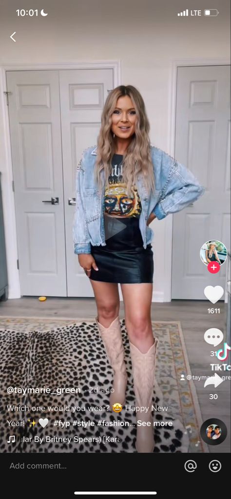 Jean Skirt And Leather Jacket Outfits, Leather Skirt With Jean Jacket, Jean Skirt Leather Jacket Outfit, Black Leather Skirt Outfit Western, Leather Skirt Jean Jacket Outfit, Leather Skirt Denim Jacket, Rodeo Outfits Denim Skirt, Jean Jacket Outfits, Denim Jacket Outfit