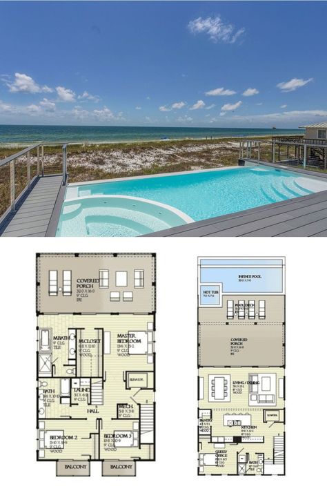 Beach Aesthetic Interior, Beach House Design Floor Plans, 2 Story Beach House, Big Beach House, Beach House Layout, Beach House With Pool, Beach House Floor Plans, Beach House Plan, Rendered Floor Plan