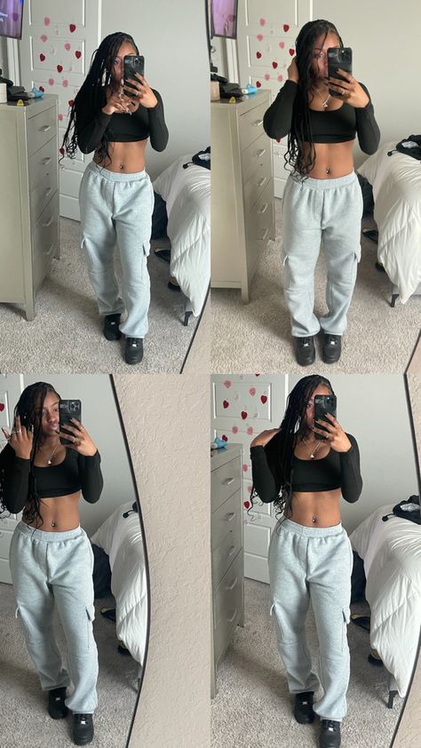 Outfits To Go Out With Friends Casual, Grey Sweatpants Outfit Baddie, Essentials Pants Outfit, Grey Sweatpants Outfit Black Women, Black Forces Outfits, Comfortable Outfits For School, School Outfit Inspo 2023, Baddie School Outfits, Sweatpants Outfit Black Women