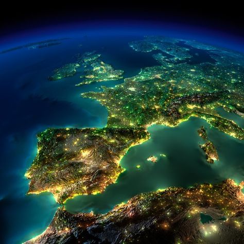 It may be hard to believe, but this is not a real image of Earth from space at night. Satellite Photos Of Earth, Earth At Night, Earth Photos, Satellite Image, Space Images, Relief Map, Earth From Space, Western Europe, Interstellar