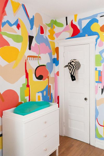 Painting a Freehand Nursery Mural Prepped This Couple For Parenthood Diy Nursery Mural, Mural Kids Room, White Changing Table, Outdoor Mural, Wall Murals Diy, Diy Paint Projects, Interior Murals, Home Interior Accessories, Kids Room Murals