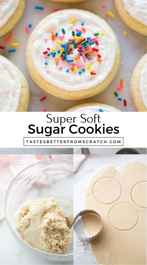 Easy Super Soft Sugar Cookies recipe. Perfect for decorating with icing. Fun holiday cookie ideas. Better Homes And Gardens Sugar Cookie Recipe, Soft Cut Out Sugar Cookie Recipe, Super Soft Sugar Cookies, Frosted Sugar Cookies Recipe, Best Soft Cookies, How To Make Sugar Cookies, Vintage Sugar Cookie Recipe, Easy Soft Sugar Cookie Recipe, Decorated Sugar Cookies Ideas