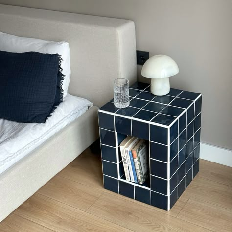 Funky Bedside Table, Cool Nightstands, Bookshelf Side Table, Tiled Coffee Table, Tile Table, Desk Stand, Wooden Nightstand, Table Nightstand, Grid Design