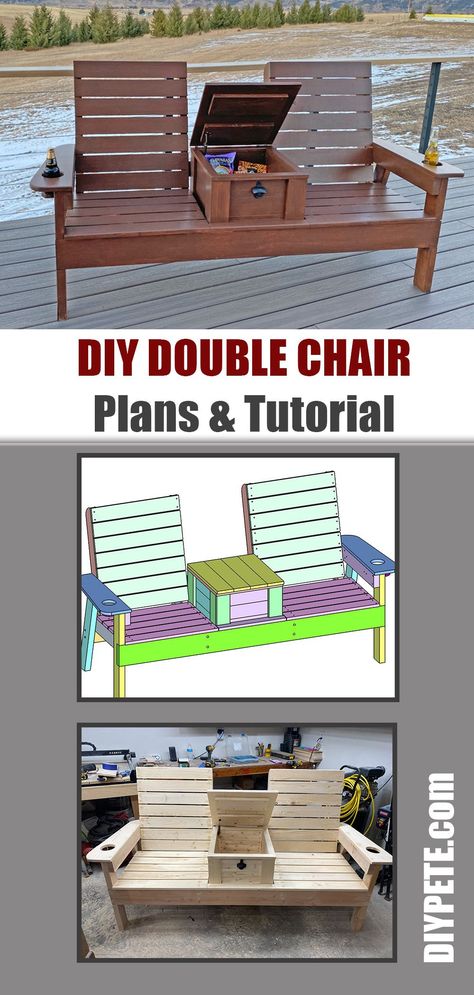 Diy Wooden Projects Double Chair Bench With Table Plans, How To Build A Chair, Diy Chairs For Outside, Wooden Outdoor Furniture Plans, Diy Wooden Chair, Woodworking Outdoor Furniture, Outdoor Chairs Diy, Wooden Chair Plans, Double Chair