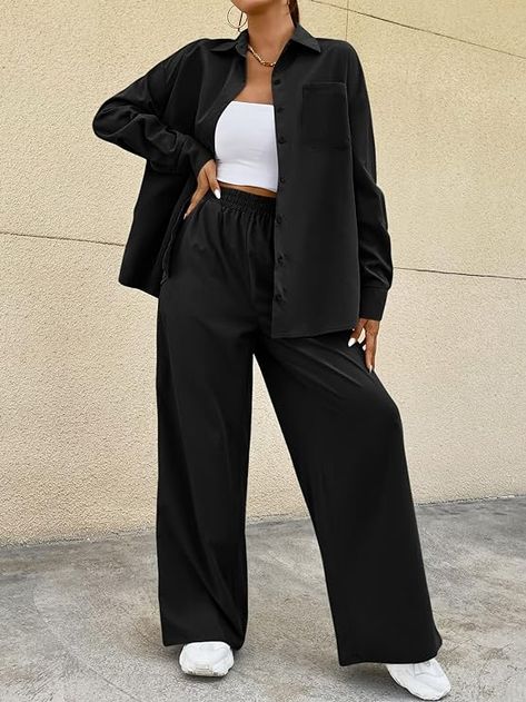 OYOANGLE Women's 2 Piece Button Down Blouse Long Sleeve and Wide Leg Pants with Pocket Wide Leg Pants And Blouse Outfit, 2 Piece Outfit Set Pants, Wide Leg Pants Outfit Casual, Patched Shirt, Comfy Trendy Outfits, Two Piece Outfits Pants, Button Down Outfit, Two Piece Dress Casual, Elegant Fashion Outfits