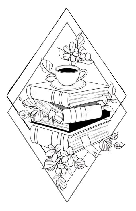 Bookish Art Drawings, Bookish Coloring Pages, Books And Coffee Tattoo, Book Drawings, Bookish Tattoos, Bookshelf Art, Beautiful Tattoo, Tattoo Sketch, Book Tattoo