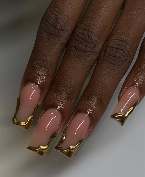 Gold Chrome Square Nails, Gold Chrome Nails Designs Square, Gold Accent Nails Acrylic, Gold And Hot Pink Nails, Hot Pink And Gold Nails Design, Gold Drip Nails, Gold Chrome French Tip Nails, Gold Design Nails, Gold French Tip Nails