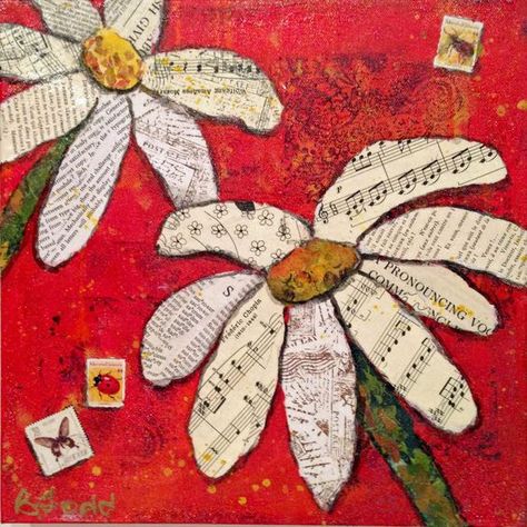 Mix Media Painting Ideas, Collage Art Flowers, Books Marks, Collage Cards, Fabric Artwork, Mixed Media Art Projects, Mixed Media Art Tutorials, Newspaper Art, Daisy Art