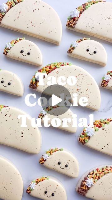 Mandy Edmunds on Instagram: "Let’s taco ‘bout making some adorable cookies for your next fiesta! These cookies are perfect for your “Taco ‘bout a Baby” shower theme, Cinco de Mayo, or anytime!   In this tutorial, I also show you how to cut your tipless piping bag to create a leaf tip. Simply flatten your tip with the seam up and cut a v-shape. Easy!  If you want to make cute little baby tacos with faces, just drop two black sprinkle “eyes” into your light yellow “taco shell” flood while it’s still wet. I like PME Brand sugar pearls because they aren’t too hard to bite, and the color doesn’t bleed! When your cookie is dry, just use a black edible marker to draw a smile.  Americolor gels I used: Chocolate Brown (Meat) Super Red (Tomatoes) Electric Green (Lettuce) Egg Yellow (Taco Shell) Egg Taco Shaped Cookies, Taco Cookies Royal Icing, Taco Decorated Cookies, Sombrero Cookies Decorated, Taco Bout A Baby Cookies, Taco Baby Shower Cookies, Taco Sugar Cookies, Desert Cookies Decorated, Taco Cookies Decorated