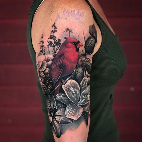 Red Cardinal Tattoo With Flowers, Redbird Tattoo Cardinals, Cardinal Cover Up Tattoo, Cardinal Sleeve Tattoos For Women, Cardinal Arm Tattoos For Women, Cardinal And Flower Tattoo Sleeve, Bird Cover Up Tattoos For Women, Cardinal Bird Tattoos For Women, Red Bird Tattoos For Women